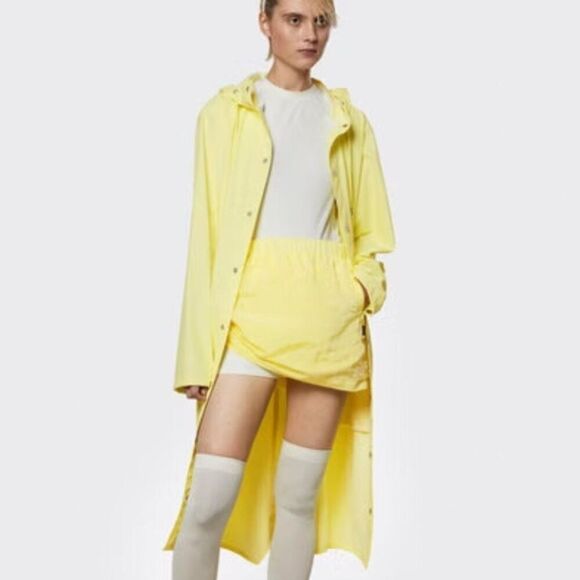 Rains Longer Jacket Straw Yellow Unisex Casual Classic Button Closure Hooded - Picture 3 of 13